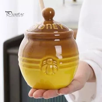 Керамическая банка для меда объемом 350 мл, фермерский горшочек для меда с деревянной палочкой для меда, ретро-диспенсер для меда, декор для кухни на День матери, подарок жене 350ml синий