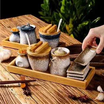 Керамическая банка для приправ, контейнер для специй, банка для специй, набор коробок для приправ, деревянные поддоны, солонка, масленка, баночки для зубочисток, блюдо для дегустации