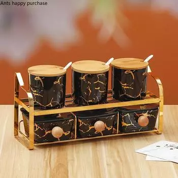 Керамическая банка для приправ, набор из 6 предметов, кухонные принадлежности, контейнер для специй, банка для специй с деревянной крышкой, солонка, герметичные банки, емкость для хранения чёрный