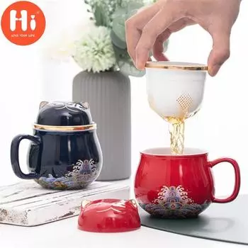 Керамическая чайная чашка Hi с заварочным устройством и крышкой Портативная дорожная кофейная чашка с фильтром и сумкой 320 мл A
