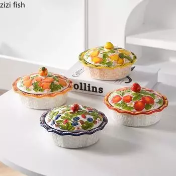 Керамическая чаша для фруктов с рельефными ножками, чашка для йогурта, чашка для завтрака, фруктовая чаша с крышкой, тарелка для закусок, тарелка для сухофруктов, керамическая посуда