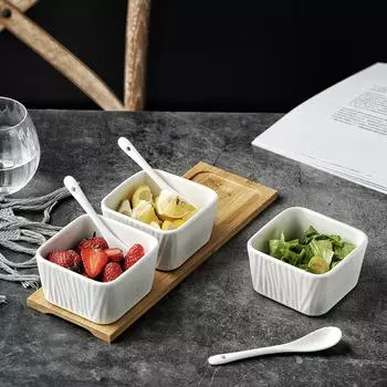Керамическая чаша Поднос из бамбукового дерева Поднос с фруктами, приправами Поднос для закусок и сервировочный поднос для десертов Бамбуковый поднос ложка для хлопьевого салата Десертное мороженое