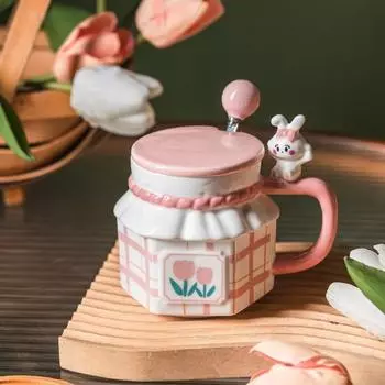 Керамическая чашка Bunny Couple Tulip, симпатичная чашка для воды, подарок на день рождения, новая термостойкая кружка для воды Girl Heart 350ml небесно-голубой