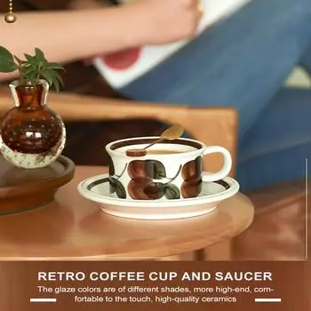 Керамическая чашка для эспрессо с блюдцем, 230 мл, керамические кружки для кофе с ручным рисунком, чашка для послеобеденного чая, кружка для молочного сока, чашки для капучино Red Flowers(230ml)