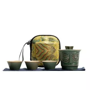 Керамическая чашка для чая с цветами пуэр. Изысканная форма. Фарфоровый китайский чайный сервиз Gongfu. Креативный чайник и заварник для чая Sanxingdui Site. 1 set зелёный