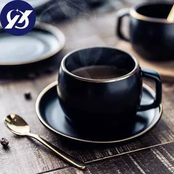 Керамическая чашка для кофе и блюдце, 250 мл, черный пигментированный фарфор, набор чайных чашек с ложкой, набор посуды чёрный