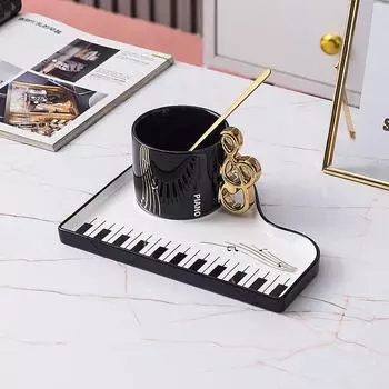 Керамическая чашка для кофе Nordic Creative Piano Black and White Key с ложкой, изысканная кружка для капучино, послеобеденного чая, воды 200ml
