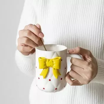 Керамическая чашка для кофе в горошек и набор блюдец 3D-бантик кружка для молока чайная чашка десертная тарелка плоский поднос блюдо безопасно для микроволновой печи 300/450 мл