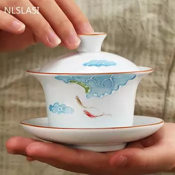 Керамическая чашка Gaiwan с рельефным узором ручной работы, портативная дорожная чаша для чая, домашняя фарфоровая чайная посуда, аксессуары, посуда для напитков, личная чашка A 10.5x9.2cm 160ml