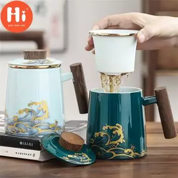 Керамическая чашка Hi с крышкой и фильтром, фарфоровая чашка для разделения чая, большая кофейная кружка с деревянной ручкой, посуда для напитков