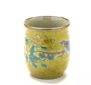 Керамическая чашка Kutani Small Yellow с золотой нитью, слива и птица, 170 мл [Чайная чашка] [Иллюстрация сзади]