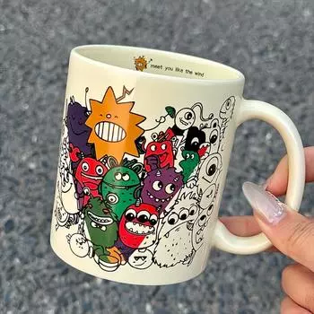 Керамическая чашка с граффити и крышкой-ложкой, кружка с высокой эстетической ценностью, чашки для воды и кофе, подарок на день рождения, посуда для питья в общежитии 301-400ml