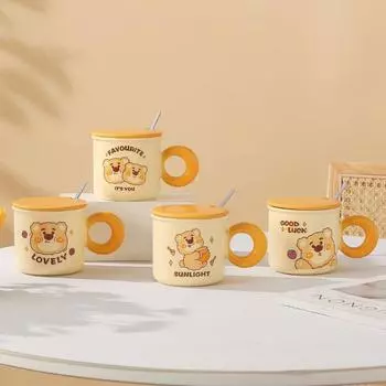 Керамическая чашка с изображением милого медведя из мультфильма «Фуфу» и крышкой, ложкой, кружка для дома и офиса, сувенирная чашка для пары 400ml