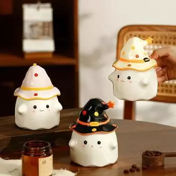 Керамическая чашка с изображением призрака в стиле волшебной вечеринки, милая забавная кружка с крышкой, подарок на Хэллоуин, персонализированная домашняя кофейная чашка 350ml