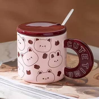 Керамическая чашка с изображением животных из мультфильмов, с крышкой и ложкой, дорогая кружка для пары, костюм для девушки, чашка для воды, небольшой подарок 350ML