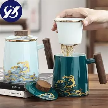 Керамическая чашка с крышкой и фильтром, фарфоровая чашка для разделения чая, большая кофейная кружка с деревянной ручкой, посуда для напитков