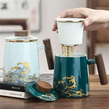 Керамическая чашка с крышкой и фильтром, фарфоровая чашка для разделения чая, большая кофейная кружка с деревянной ручкой, посуда для напитков