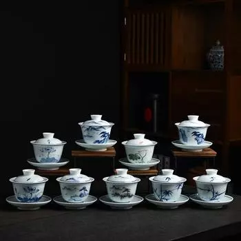 Керамическая чашка с крышкой, ручная роспись, чайный сервиз кунг-фу, домашняя большая чайная чаша, белая фарфоровая чаша, миска с крышкой Sancai 150ml