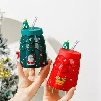 Керамическая чашка с крышкой в виде мультяшной рождественской елки, новогодний подарок, кружка Санта-Клауса, соломенная чашка 450ml зелёный