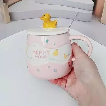 Керамическая чашка с мультяшным дизайном, с крышкой и ложкой, масляный утенок, для микроволновой печи, можно нагревать воду, забавная кружка, керамическая чашка 420ml