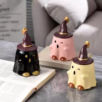 Керамическая чашка с привидением на Хэллоуин Милая кружка с привидением и крышкой в виде шляпы ведьмы Кофейная чашка на Хэллоуин B розовый