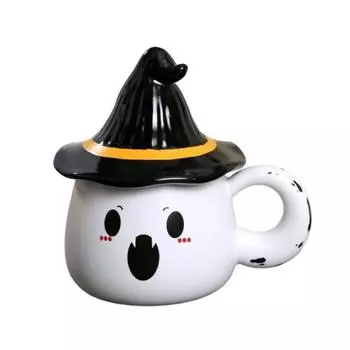 Керамическая чашка с рисунком привидения и крышкой в виде шляпы эльфа, тема Хэллоуина, ручная работа белый