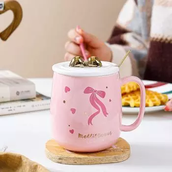 Керамическая чашка с розовой крышкой и бантом в виде сердца для девочек, офисный набор из керамической чашки и ложки, симпатичная кружка 450ML