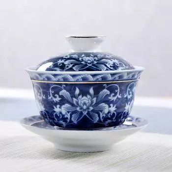 Керамическая чашка с синей и белой крышкой, приспособление для заваривания чая в стиле кунг-фу, церемониальная чаша в стиле ретро из селадонового дерева, гайвань из трех предметов, бытовая техника 150ml