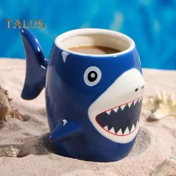 Керамическая чашка Shark для детей, мальчиков и девочек, 450 мл, кружка для горячего шоколада, какао, кофе, чая, подарок на день рождения, керамический сосуд для питья синий