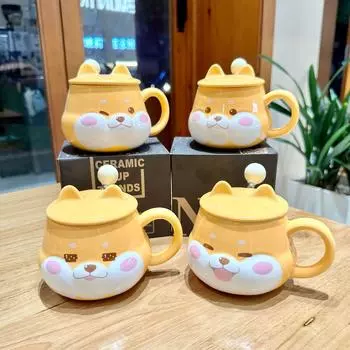 Керамическая чашка сиба-ину, внешний вид, большая емкость, кофейная чашка с ложкой, милая, для девочек, для детей, для офиса, дома 301-400ml