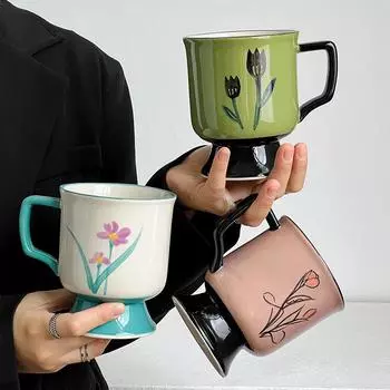Керамическая чашка в стиле ретро в скандинавском стиле с цветком, креативный круглый бокал, домашняя кофейная чашка, художественная чашка для завтрака с молоком, домашнее украшение, посуда для питья 400ml фиолетовый