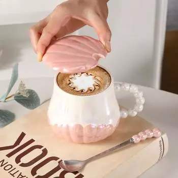 Керамическая чашка в виде ракушки розового цвета в стиле принцессы, цветная керамическая кружка с крышкой, ложка для офисных работников, для заваривания завтрака, 400 мл, посуда для напитков 400ML