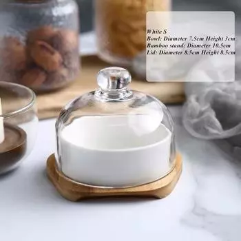 Керамическая десертная миска с бамбуковым подносом и стеклянной крышкой – скандинавская тарелка для закусок, фруктов и мороженого White S 60ml