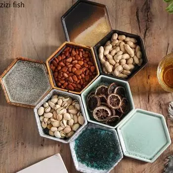Керамическая десертная миска с крышкой Шестиугольная обеденная тарелка Столовая посуда Сахарница для воды Фруктовая тарелка Салатница Поднос для закусок Блюдо для димсамов