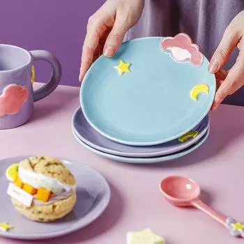 Керамическая десертная тарелка с кружкой для кофе объемом 400 мл, набор ложек, мультяшное облако, звезда, чашка для завтрака, овсянка, закуска, блюдце, тарелка, чашка для чая фиолетовый