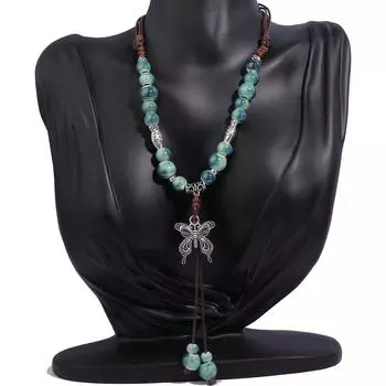 Керамическая длинная цепочка для свитера в этническом стиле, женский тканый кулон ручной работы, ожерелье-бабочка в художественном стиле 58-98cm зелёный