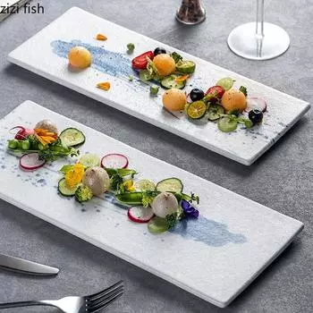 Керамическая длинная тарелка в японском стиле, креативное блюдо для суши, десерта, прямоугольная плоская тарелка, специальная посуда для молекулярной кухни