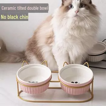 Керамическая двойная миска с защитой от опрокидывания и приподнятой подставкой для кошек и собак — защита шеи и предотвращение опрокидывания, бесплатная доставка single paw print bowl белый