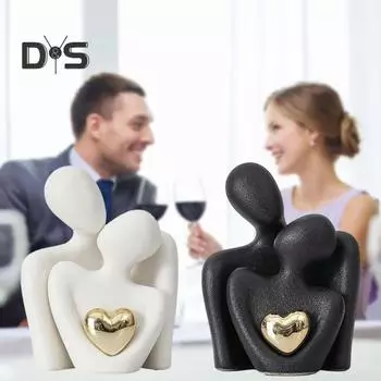 Керамическая фигурка для объятий пары с золотым сердцем любви для мужчин и женщин, статуя в объятиях, скульптура для гостиной, спальни, украшение для рабочего стола, подарки на годовщину свадьбы S чёрный