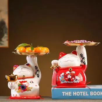 Керамическая фигурка кошки удачи, поднос для хранения кошек удачи, коробка конфет Maneki Neko, украшение для дома, талисман, орнамент, скульптура красный