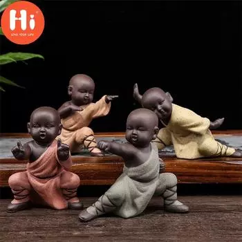 Керамическая фигурка кунг-фу «Маленький монах», чайные аксессуары, маленькие автомобильные украшения, фиолетовый глинистый чай, домашнее украшение для домашнего животного, ремесла, привет