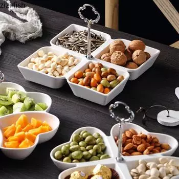 Керамическая фруктовая тарелка, многосекционные поддоны для хранения сухофруктов и орехов, поддоны для конфет, бытовая посуда, подносы для закусок, коробки для хранения димсамов
