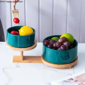 Керамическая фруктовая тарелка, однотонная фруктовая салатница, двухсекционная деревянная основа, поднос для десертов и закусок, посуда, декоративная миска, тарелка, столовая посуда