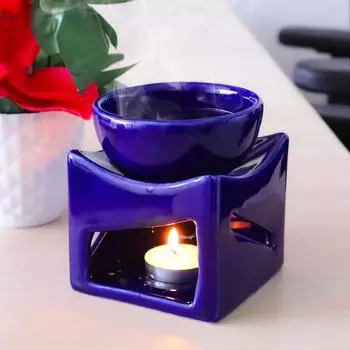 Керамическая глина, работающая от свечи аромалампа, диффузор для масла, очень большая чаша, с 1 чайной свечой, 4,25 дюйма, (синий) синий