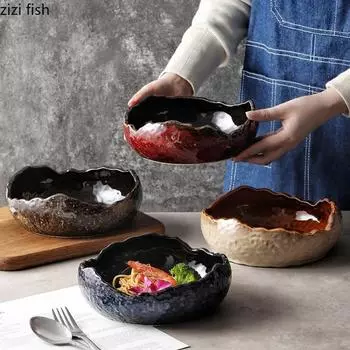 Керамическая глубокая тарелка, десертная миска, нестандартные тарелки, фруктовая тарелка, салатница, диск для сашими, блюдо для димсамов, суповые тарелки, поднос для лапши