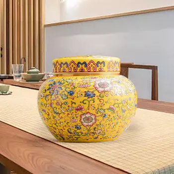Керамическая имбирная банка, ваза для цветов с крышкой, декоративная витрина, художественная композиция, канистра для чая жёлтый