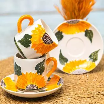 Керамическая кофейная чашка ручной работы «Подсолнух» для 2 человек