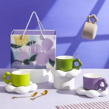 Керамическая кофейная чашка в скандинавском стиле, симпатичное облако, декоративная тарелка, кофейная чашка, набор, кружка для молока, подарочная коробка, современное украшение для гостиной, 250 мл 250ML оливковое зеленый