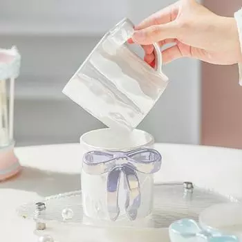 Керамическая кофейная чашка Yousheng с ленточной ручкой, 11,8 унций, элегантная розовая чашка для чая с бантом, подарок для женщин на день рождения, Рождество фиолетовый