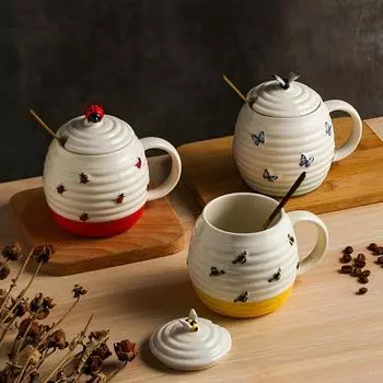 Керамическая кофейная кружка 15,8 унций/450 мл с ручкой и крышкой, чашка для воды с изображением божьей коровки, бабочки, пчелы, декоративная чашка для чая на день рождения, Рождество, подарки 450ml